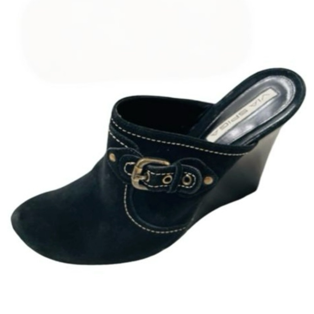 🌺VIA SPIGA🌺S 7.5 Black Suede Mules🌺Slip On Shoes🌺Women’s Size 7.5🌺